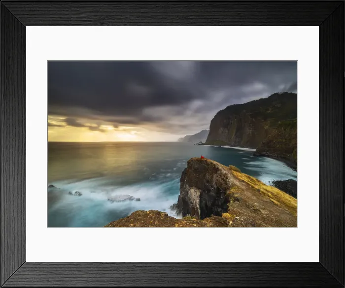 Framed Print : A girl looking at the sea during sunrise from cliffs of Guindaste, Faial, Santana Municipality Madeira, Portugal, Atlantic, Europe Framed Print : A girl looking at the sea during sunrise from cliffs of Guindaste, Faial, Santana Municipality Madeira, Portugal, Atlantic, Europe