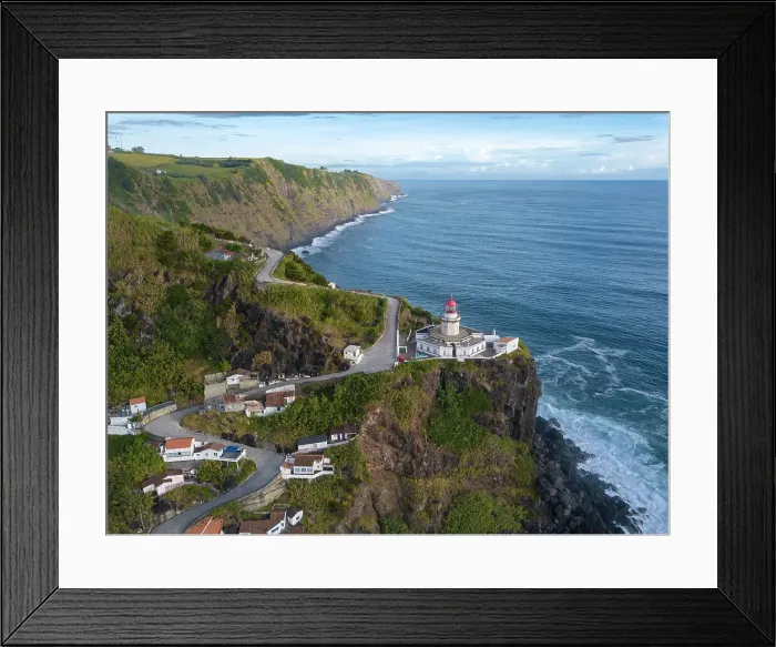 Framed Print : Aerial view of Farol do Arnel lighthouse and fishermen huts, Sao Miguel island, Azores, Portugal, Atlantic, Europe Framed Print : Aerial view of Farol do Arnel lighthouse and fishermen huts, Sao Miguel island, Azores, Portugal, Atlantic, Europe