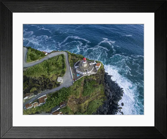 Framed Print : Aerial view of Farol do Arnel lighthouse and Arnel point, Sao Miguel island, Azores, Portugal, Atlantic, Europe