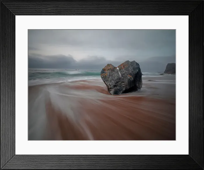 Framed Print : Long exposure of the flowing sea and a heart shaped rock on the Portizuelo beach, Asturias, Spain, Europe Framed Print : Long exposure of the flowing sea and a heart shaped rock on the Portizuelo beach, Asturias, Spain, Europe