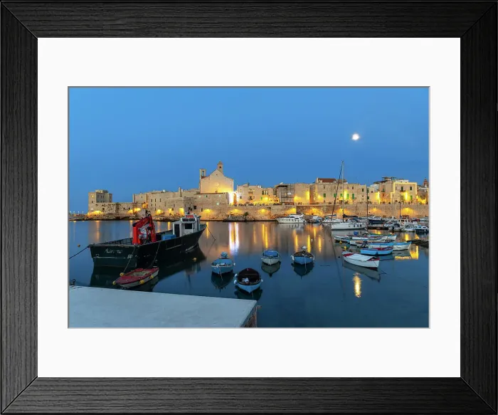 Framed Print : Full moon night over the illuminated medieval village of Giovinazzo with tourist marina in the foreground, Bari province, Adriatic Sea, Mediterranean Sea, Apulia, Italy, Europe Framed Print : Full moon night over the illuminated medieval village of Giovinazzo with tourist marina in the foreground, Bari province, Adriatic Sea, Mediterranean Sea, Apulia, Italy, Europe