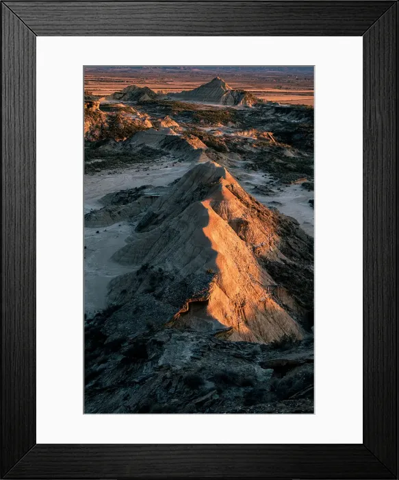 Framed Print : Bardenas Reales rock formation in the badlands, illuminated with the last sunset light, Navarre, Spain, Europe Framed Print : Bardenas Reales rock formation in the badlands, illuminated with the last sunset light, Navarre, Spain, Europe
