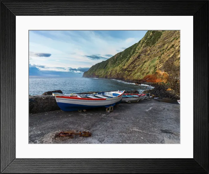 Framed Print : Some boats on a pier below a cliff in Sao Miguel Island in the Azores, Portugal, Atlantic, Europe Framed Print : Some boats on a pier below a cliff in Sao Miguel Island in the Azores, Portugal, Atlantic, Europe