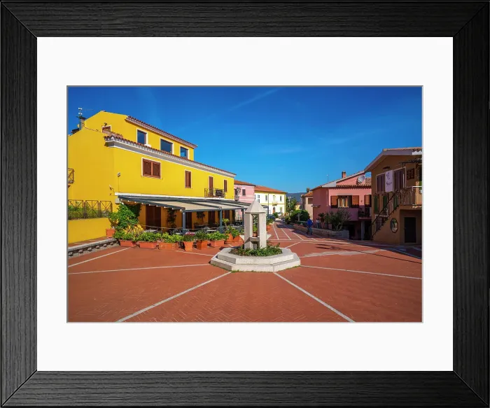 Framed Print : View of colourful buildings in Piazza Mediterraneo, San Teodoro, Sardinia, Italy, Mediterranean, Europe Framed Print : View of colourful buildings in Piazza Mediterraneo, San Teodoro, Sardinia, Italy, Mediterranean, Europe