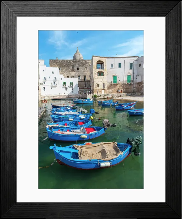 Framed Print : Rows of blue wooden boats in the water of the harbour of Monopoli old town, Monopoli, Bari province, Apulia, Italy, Europe Framed Print : Rows of blue wooden boats in the water of the harbour of Monopoli old town, Monopoli, Bari province, Apulia, Italy, Europe