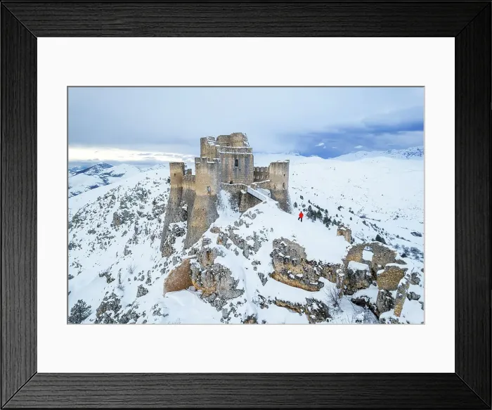 Framed Print : Man admiring the snowy medieval castle of Rocca Calascio after heavy snowfall, Rocca Calascio, Gran Sasso and Monti della Laga National Park, L'Aquila province, Abruzzo region, Apennines, Italy, Europe Framed Print : Man admiring the snowy medieval castle of Rocca Calascio after heavy snowfall, Rocca Calascio, Gran Sasso and Monti della Laga National Park, L'Aquila province, Abruzzo region, Apennines, Italy, Europe