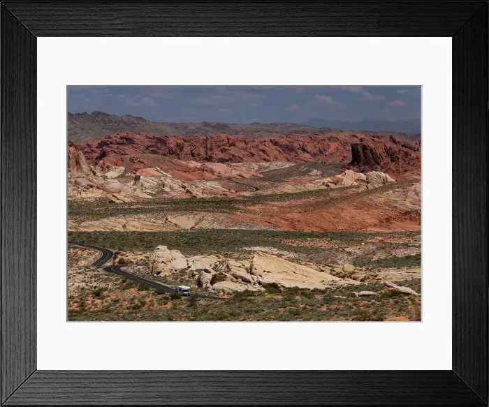 Framed Print : An RV Camper Van Recreational Vehicle travels the highway of White Domes Road through the Valley of Fire State Park, Nevada, United States of America, North America Framed Print : An RV Camper Van Recreational Vehicle travels the highway of White Domes Road through the Valley of Fire State Park, Nevada, United States of America, North America