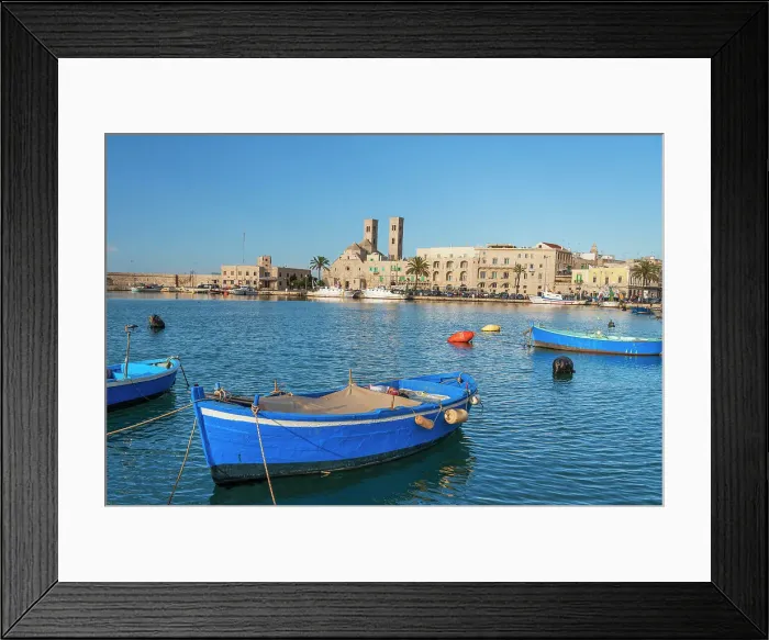 Framed Print : Small blue boats moored in the water of the harbour of the old medieval town of Barletta, Adriatic Sea, Mediterranean Sea, Apulia, Italy, Europe Framed Print : Small blue boats moored in the water of the harbour of the old medieval town of Barletta, Adriatic Sea, Mediterranean Sea, Apulia, Italy, Europe
