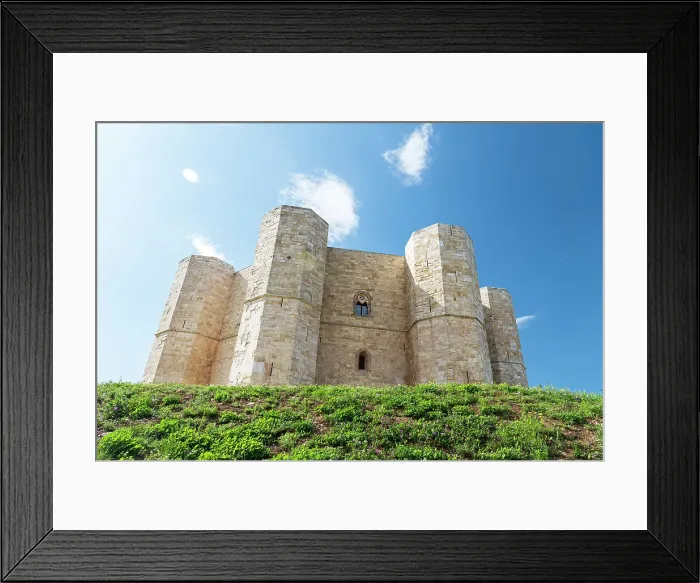 Framed Print : View from below of the octagonal white castle of Castel del Monte, UNESCO World Heritage Site, Apulia, Italy, Europe Framed Print : View from below of the octagonal white castle of Castel del Monte, UNESCO World Heritage Site, Apulia, Italy, Europe