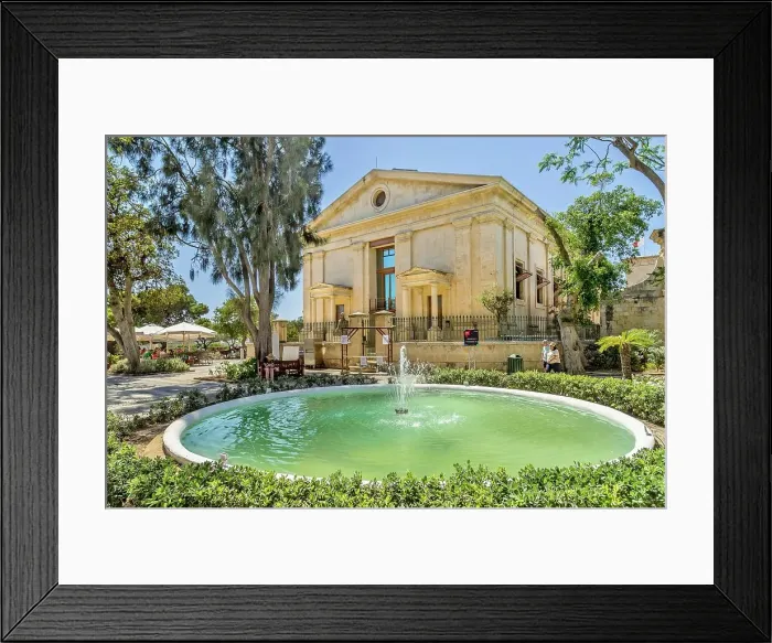 Framed Print : Upper Barrakka Gardens, with the Malta Stock Exchange behind the fountain, Valletta, Malta, Mediterranean, Europe Framed Print : Upper Barrakka Gardens, with the Malta Stock Exchange behind the fountain, Valletta, Malta, Mediterranean, Europe