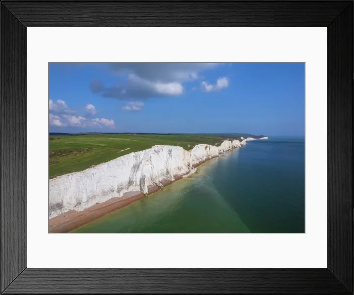 Framed Print : Aerial view of the Seven Sisters chalk white cliffs on a sunny day, South Downs National Park, East Sussex, England, United Kingdom, Europe Framed Print : Aerial view of the Seven Sisters chalk white cliffs on a sunny day, South Downs National Park, East Sussex, England, United Kingdom, Europe