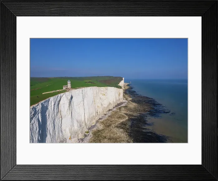 Framed Print : View from drone of Belle Tout lighthouse at low tide, Seven Sisters chalk cliffs, South Downs National Park, East Sussex, England, United Kingdom, Europe