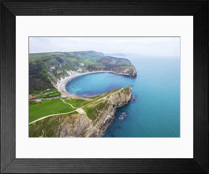 Framed Print : Aerial view of the bay of Lulworth Cove, Jurassic Coast, UNESCO World Heritage Site, Dorset, England, United Kingdom, Europe Framed Print : Aerial view of the bay of Lulworth Cove, Jurassic Coast, UNESCO World Heritage Site, Dorset, England, United Kingdom, Europe