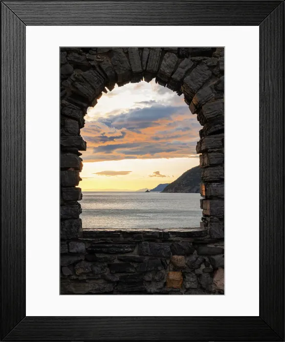 Framed Print : Beautiful sunset view of the Ligurian coast, viewed from the rock window of Portovenere village, La Spezia province, Liguria district, Italy, Europe Framed Print : Beautiful sunset view of the Ligurian coast, viewed from the rock window of Portovenere village, La Spezia province, Liguria district, Italy, Europe