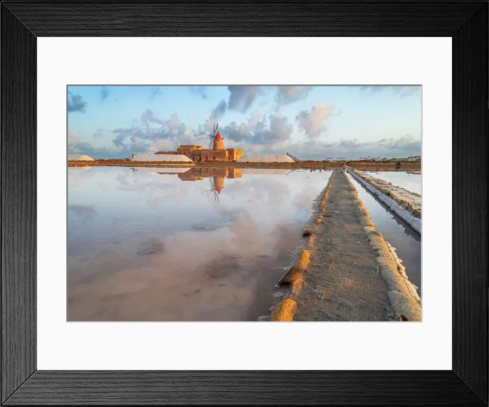 Framed Print : Reflection of the windmill in the salt flats at dawn, Saline Ettore e Infersa, Marsala, province of Trapani, Sicily, Italy, Mediterranean, Europe Framed Print : Reflection of the windmill in the salt flats at dawn, Saline Ettore e Infersa, Marsala, province of Trapani, Sicily, Italy, Mediterranean, Europe