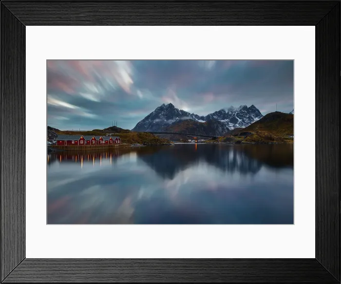 Framed Print : Norwegian fjord at blue hour with typical illuminated red cabins, Moskenesoya, Nordland, Lofoten, Norway, Scandinavia, Europe Framed Print : Norwegian fjord at blue hour with typical illuminated red cabins, Moskenesoya, Nordland, Lofoten, Norway, Scandinavia, Europe