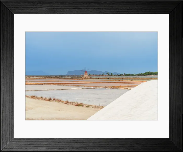 Framed Print : Windmill with pile of salt in the salt flats, Saline Ettore e Infersa, Marsala, province of Trapani, Sicily, Italy, Mediterranean, Europe