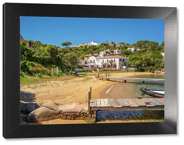 View of beach and whitewashed villas of Porto Rafael, Sardinia, Italy, Mediterranean, Europe