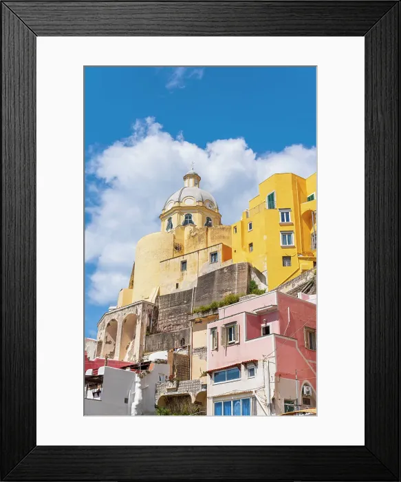 Framed Print : Santa Maria delle Grazie church among colourful houses in the fishing village of Marina Corricella, Procida island, Naples Bay, Phlegraean Islands, Naples province, Campania, Italy, Europe Framed Print : Santa Maria delle Grazie church among colourful houses in the fishing village of Marina Corricella, Procida island, Naples Bay, Phlegraean Islands, Naples province, Campania, Italy, Europe