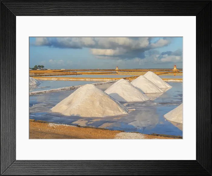 Framed Print : Piles of salts among salt flats with windmills in the background at sunset, Saline Ettore e Infersa, Marsala, province of Trapani, Sicily, Italy, Mediterranean, Europe Framed Print : Piles of salts among salt flats with windmills in the background at sunset, Saline Ettore e Infersa, Marsala, province of Trapani, Sicily, Italy, Mediterranean, Europe