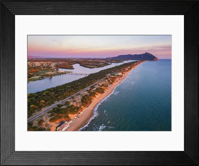 Framed Print : Aerial view of the lake and beach of Sabaudia with the woody mountain of Circeo in the background at dusk, Sabaudia, Tyrrhenian Sea, Latina province, Latium (Lazio), Italy, Europe Framed Print : Aerial view of the lake and beach of Sabaudia with the woody mountain of Circeo in the background at dusk, Sabaudia, Tyrrhenian Sea, Latina province, Latium (Lazio), Italy, Europe