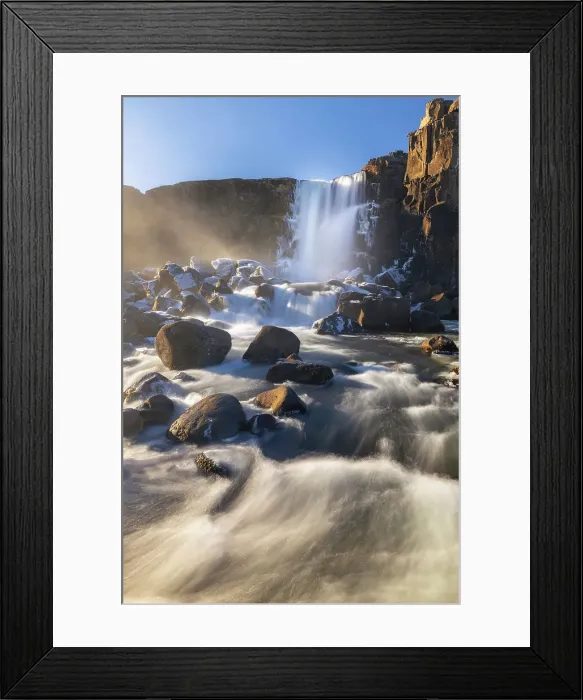 Framed Print : Oxararfoss waterfall at sunset in spring, Sudurland, Iceland, Polar Regions Framed Print : Oxararfoss waterfall at sunset in spring, Sudurland, Iceland, Polar Regions