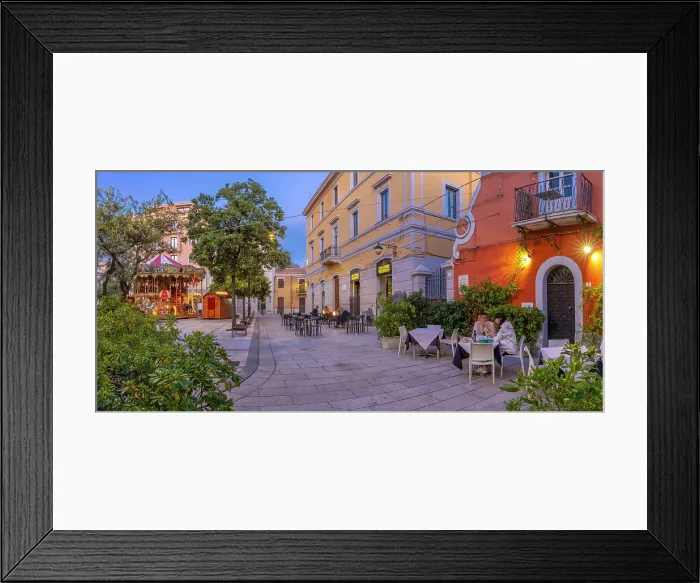 Framed Print : View of restaurant on Piazza Matteotti at dusk, Olbia, Sardinia, Italy, Mediterranean, Europe Framed Print : View of restaurant on Piazza Matteotti at dusk, Olbia, Sardinia, Italy, Mediterranean, Europe