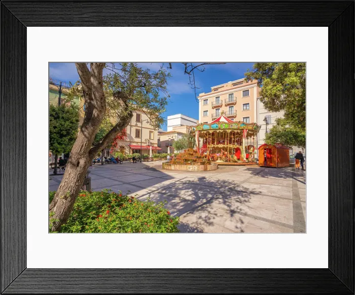 Framed Print : View of carousel and fountain on Piazza Matteotti on sunny day in Olbia, Olbia, Sardinia, Italy, Mediterranean, Europe Framed Print : View of carousel and fountain on Piazza Matteotti on sunny day in Olbia, Olbia, Sardinia, Italy, Mediterranean, Europe