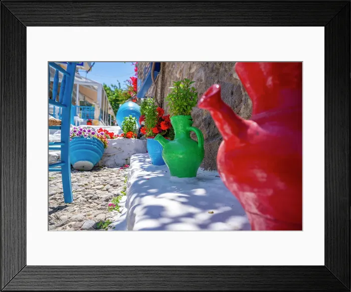 Framed Print : View of colourful jugs and furniture in local Taverna, Kos Town, Kos, Dodecanese, Greek Islands, Greece, Europe
