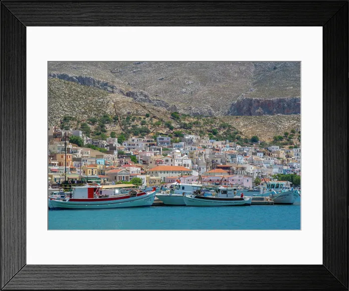 Framed Print : View of port and town of Kalimnos with hills in the background, Kalimnos, Dodecanese Islands, Greek Islands, Greece, Europe