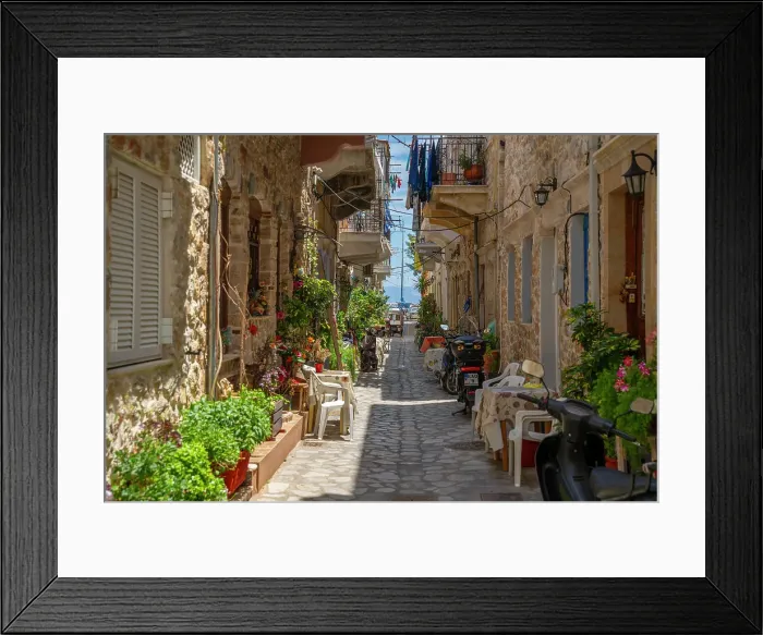 Framed Print : View of narrow street leading towards harbour in Kalimnos, Kalimnos, Dodecanese Islands, Greek Islands, Greece, Europe Framed Print : View of narrow street leading towards harbour in Kalimnos, Kalimnos, Dodecanese Islands, Greek Islands, Greece, Europe