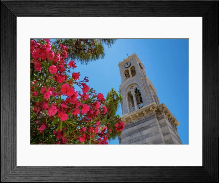 Framed Print : View of Cathedral belltower of Kalimnos, Kalimnos, Dodecanese Islands, Greek Islands, Greece, Europe