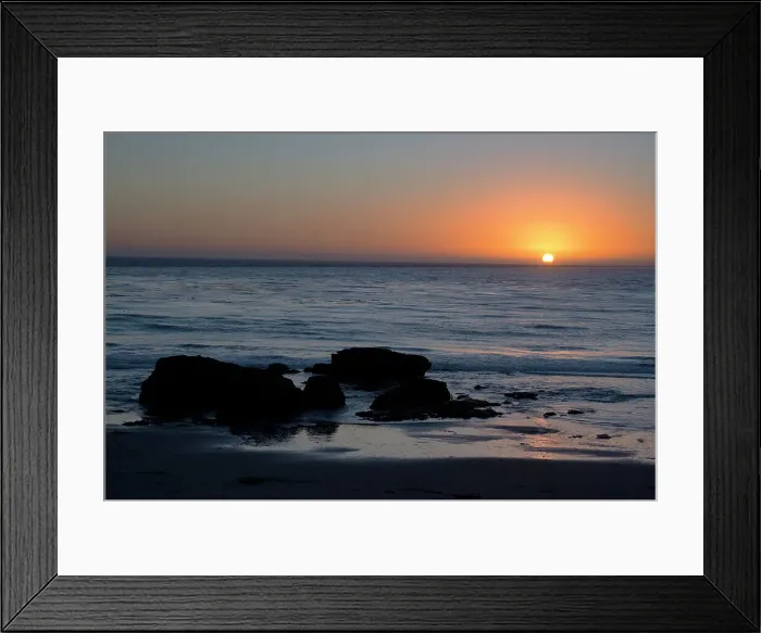 Framed Print : Sunset over the ocean, with rocks in the foreground, San Simeon, California, United States of America, North America Framed Print : Sunset over the ocean, with rocks in the foreground, San Simeon, California, United States of America, North America
