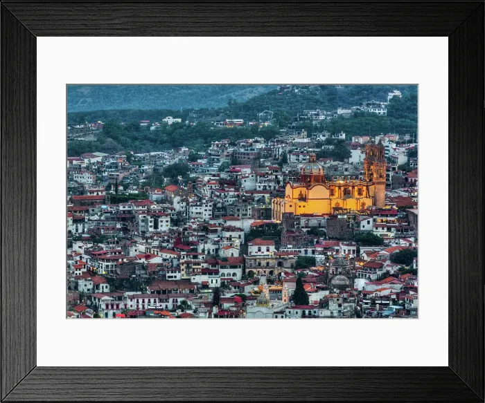 Framed Print : Evening overview, with illuminated Church of Santa Prisca de Taxco, Taxco, Guerrero, Mexico, North America Framed Print : Evening overview, with illuminated Church of Santa Prisca de Taxco, Taxco, Guerrero, Mexico, North America