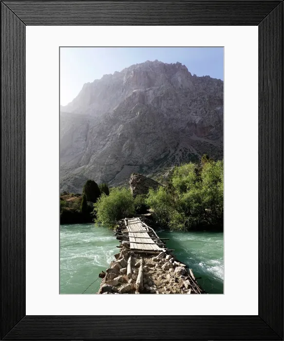 Framed Print : Wooden bridge over a river in the remote and spectacular Fann Mountains, part of the western Pamir-Alay, Tajikistan, Central Asia, Asia Framed Print : Wooden bridge over a river in the remote and spectacular Fann Mountains, part of the western Pamir-Alay, Tajikistan, Central Asia, Asia