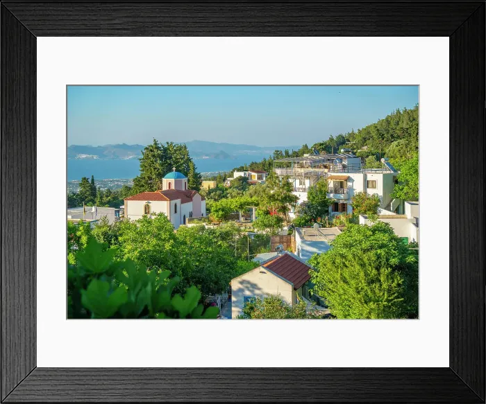 Framed Print : View of Greek Orthodox Church with sea in background, Zia Village, Kos Town, Kos, Dodecanese, Greek Islands, Greece, Europe Framed Print : View of Greek Orthodox Church with sea in background, Zia Village, Kos Town, Kos, Dodecanese, Greek Islands, Greece, Europe