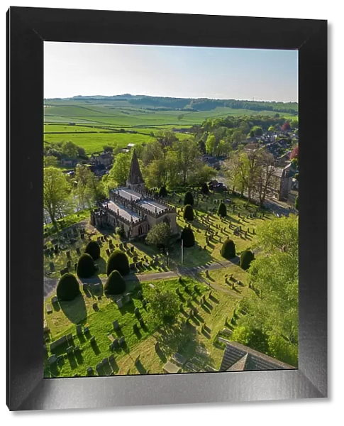 Aerial view of Baslow church and village, Peak District National Park, Derbyshire, England, United Kingdom, Europe