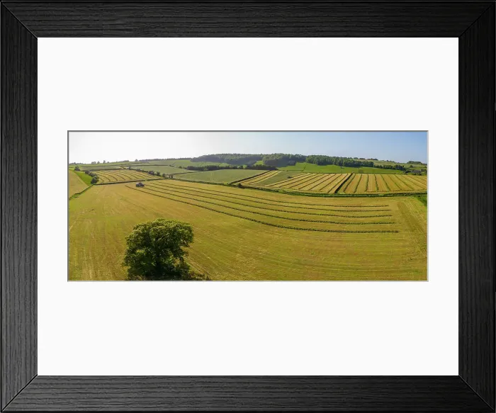 Framed Print : Aerial view of hay fields near Baslow village, Peak District National Park, Derbyshire, England, United Kingdom, Europe
