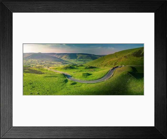 Framed Print : Aerial view of road to Edale, Vale of Edale, Peak District National Park, Derbyshire, England, United Kingdom, Europe Framed Print : Aerial view of road to Edale, Vale of Edale, Peak District National Park, Derbyshire, England, United Kingdom, Europe