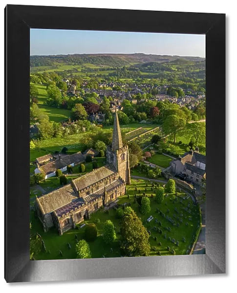 Aerial view of church and village of Hathersage village, Peak District National Park, Derbyshire, England, United Kingdom, Europe