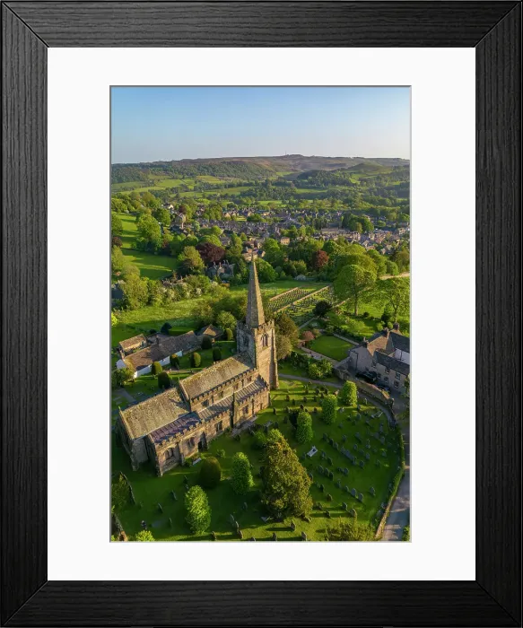 Framed Print : Aerial view of church and village of Hathersage village, Peak District National Park, Derbyshire, England, United Kingdom, Europe Framed Print : Aerial view of church and village of Hathersage village, Peak District National Park, Derbyshire, England, United Kingdom, Europe