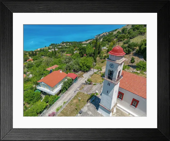 Framed Print : Aerial view of Greek Orthodox Church and coastline near Zola, Kefalonia, Ionian Islands, Greek Islands, Greece, Europe Framed Print : Aerial view of Greek Orthodox Church and coastline near Zola, Kefalonia, Ionian Islands, Greek Islands, Greece, Europe