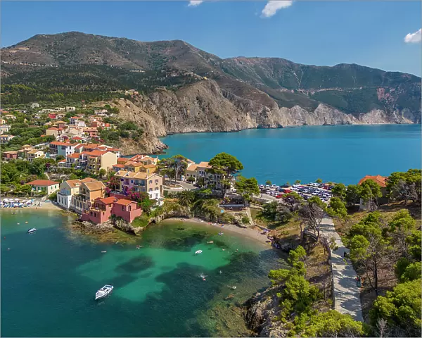 Aerial view of coastline near Zola, Kefalonia, Ionian Islands, Greek Islands, Greece, Europe