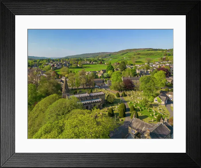 Framed Print : Aerial view of Baslow village, Peak District National Park, Derbyshire, England, United Kingdom, Europe Framed Print : Aerial view of Baslow village, Peak District National Park, Derbyshire, England, United Kingdom, Europe