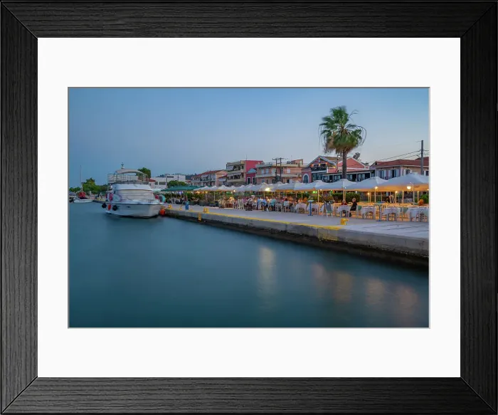 Framed Print : View of cafe and restaurant at the harbour at dusk, Lixouri, Kefalonia, Ionian Islands, Greek Islands, Greece, Europe Framed Print : View of cafe and restaurant at the harbour at dusk, Lixouri, Kefalonia, Ionian Islands, Greek Islands, Greece, Europe