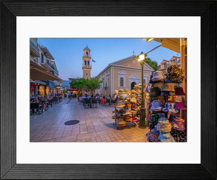 Framed Print : View of restaurant and Church of Agios Spiridon in Argostoli at dusk, Argostolion, Kefalonia, Ionian Islands, Greek Islands, Greece, Europe Framed Print : View of restaurant and Church of Agios Spiridon in Argostoli at dusk, Argostolion, Kefalonia, Ionian Islands, Greek Islands, Greece, Europe