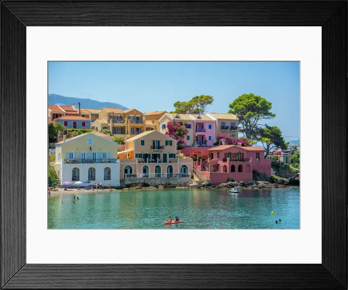 Framed Print : View of harbour and colourful houses in Assos, Assos, Kefalonia, Ionian Islands, Greek Islands, Greece, Europe Framed Print : View of harbour and colourful houses in Assos, Assos, Kefalonia, Ionian Islands, Greek Islands, Greece, Europe