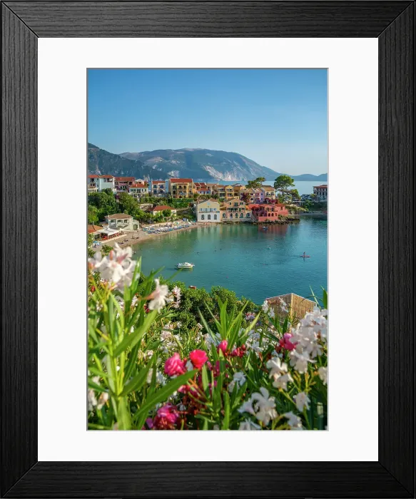 Framed Print : Elevated view of harbour and colourful houses in Assos, Assos, Kefalonia, Ionian Islands, Greek Islands, Greece, Europe Framed Print : Elevated view of harbour and colourful houses in Assos, Assos, Kefalonia, Ionian Islands, Greek Islands, Greece, Europe