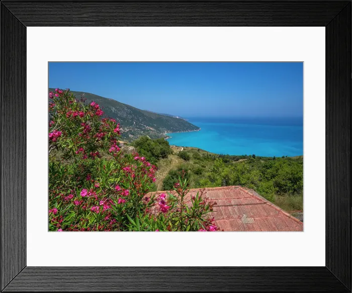 Framed Print : View of houses overlooking coastline, sea and hills near Agkonas, Kefalonia, Ionian Islands, Greek Islands, Greece, Europe Framed Print : View of houses overlooking coastline, sea and hills near Agkonas, Kefalonia, Ionian Islands, Greek Islands, Greece, Europe