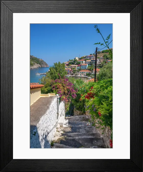 Framed Print : View of harbour and colourful houses in Assos, Assos, Kefalonia, Ionian Islands, Greek Islands, Greece, Europe Framed Print : View of harbour and colourful houses in Assos, Assos, Kefalonia, Ionian Islands, Greek Islands, Greece, Europe